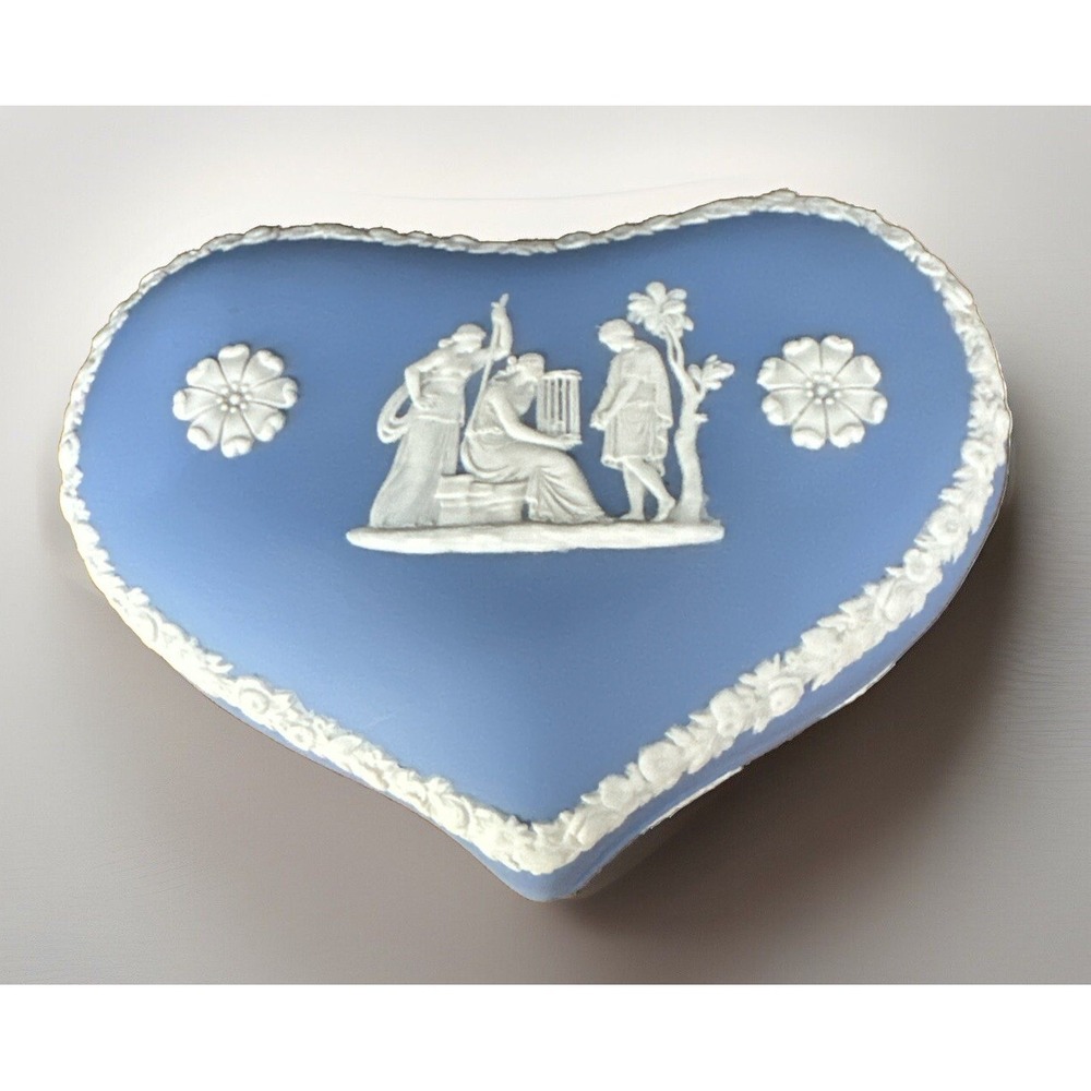Wedgwood Lidded Trinket Box Jasperware Blue and White Jewelry Box Heart Shaped